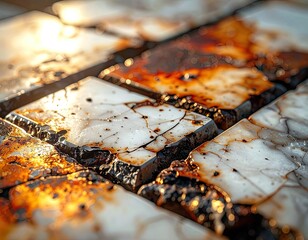 Warm light on cracked, weathered white tiles set in a dark, textured grout