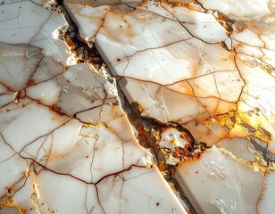 Sunlit, shattered white marble with golden veins and deep, earthy cracks