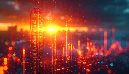 Futuristic cityscape with glowing data streams and particle effects at sunset