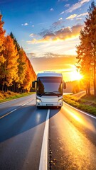 A white tour bus drives on a scenic highway through an autumn forest at sunset