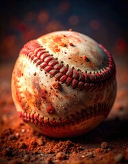 A weathered, mud-stained baseball with red seams rests on the infield dirt