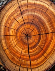 A detailed, cracked cross-section of a log showing colorful annual tree rings
