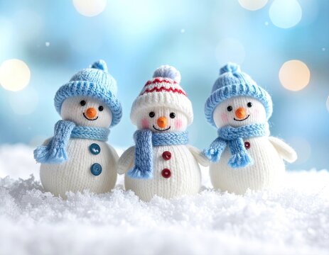 Three cute knitted snowmen in winter hats stand together in fluffy white snow