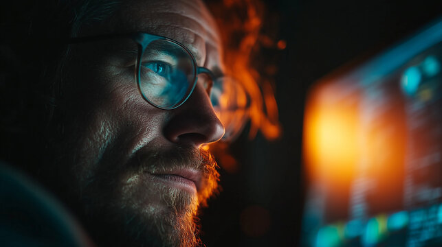 man wearing glasses, focused on computer screen, warm brown and black tones, soft bokeh effect, studio lighting ambiance, suitable for website banner, social media header, professional presentation ba - Powered by Adobe