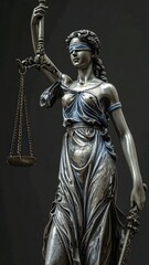 Obraz premium Blindfolded statue of a woman with scales and a sword, representing impartiality