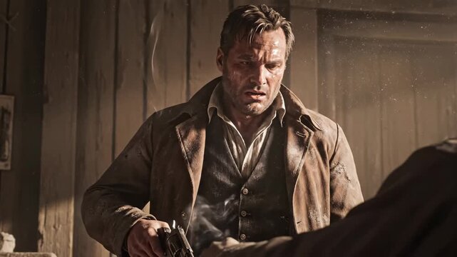A lone gunslinger faces off against a rival in an old saloon. Smoke lingers in the room as they prepare for a tense confrontation. The atmosphere grows heavy with anticipation.