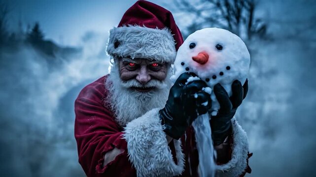 Man dressed as evil Santa holding melting snowman head with smoke effect. Creepy Christmas themed imagery for holiday horror concept.