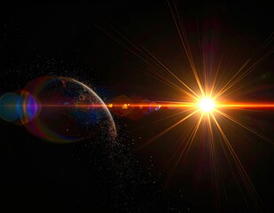 A vibrant star's lens flare illuminates a disintegrating planet in deep space