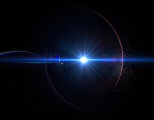 Naklejka premium Bright blue starburst with lens flare, circular halo, and particles on black