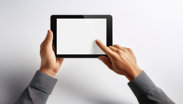 tablet mockup with hands holding a blank digital tablet with a single finger touching the screen on white background