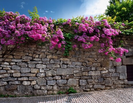 stone wall with flowering vines