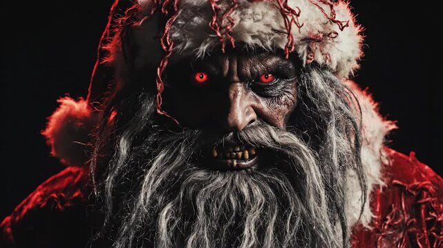 Evil digital santa man with glowing red eyes. Horror holiday concept for scary Christmas content.