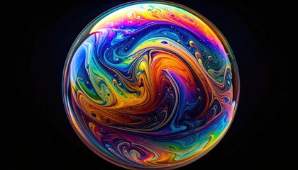 Vibrant, iridescent sphere with swirling psychedelic colors on a black background