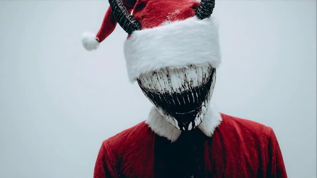 Creepy monster in santa hat and suit moving head, horror character with scary smile, holiday themed dark fantasy concept.