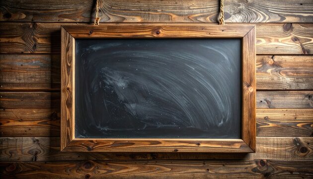 A blank, smudged chalkboard in a wooden frame hangs on a rustic wood plank wall