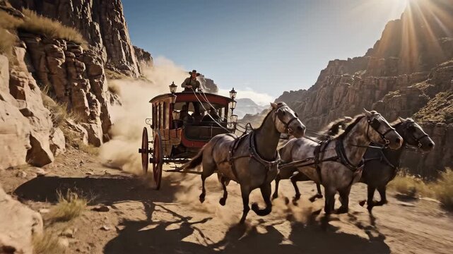 Experience the thrill as a stagecoach is pulled by powerful horses across dusty terrain. The sun sets behind majestic canyons, illuminating this historic journey.