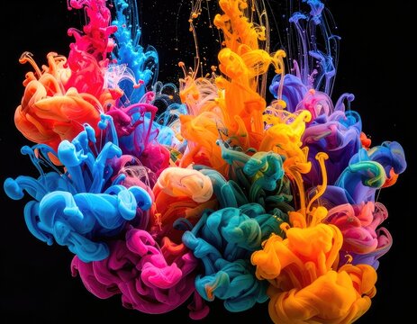 Vibrant plumes of colorful ink swirling and mixing against a black background