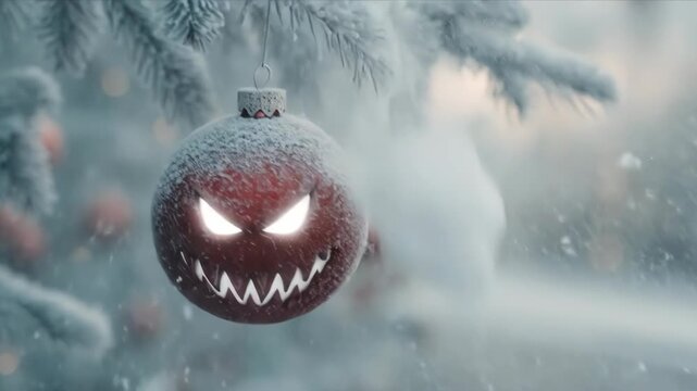 Red evil Christmas ornament with glowing eyes and jagged mouth hanging on snowy fir tree branch during winter snowfall for holiday concept.