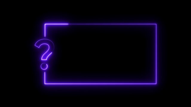 Purple neon question mark and rectangle frame on black background symbol punctuation