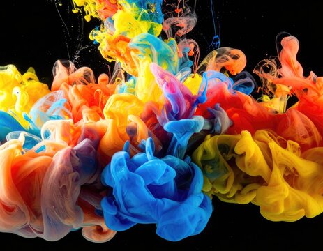 Vibrant explosion of colorful ink clouds swirling in dark liquid - Powered by Adobe