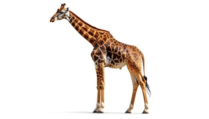 Fototapeta premium A full-body profile of a tall giraffe standing, isolated on a white background
