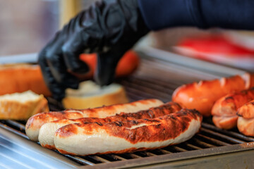 Golden brown sausages at the Zurich Christmas Market, Switzerland