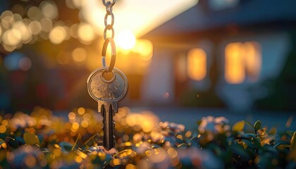 Golden hour sunset behind a key dangling over flowers with a new home behind