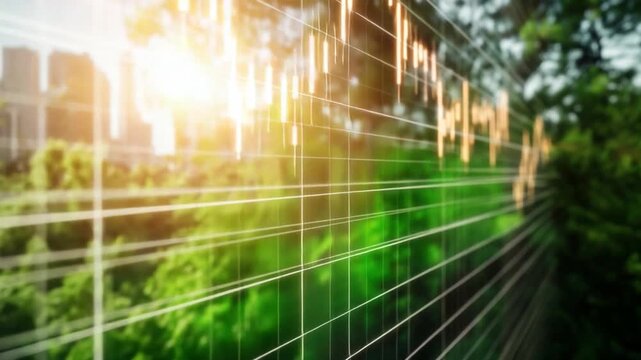 Sustainable finance in environment: A visionary display of financial strategy, with dynamic green graphs, merging with lush nature.