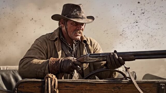 Amidst swirling dust and the golden glow of sunset, a skilled gunman steadies his rifle, preparing for an intense showdown in the wild west.