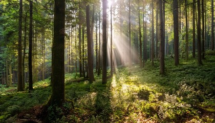 Naklejka premium sunlight filtering through a dense forest