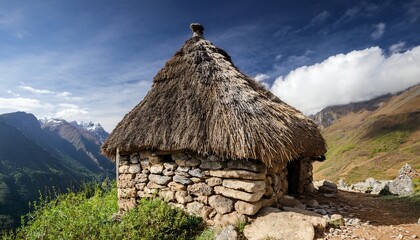 stone hut with thatched roof in mountains