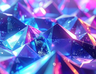 A vibrant, abstract landscape of glowing blue and pink crystal pyramids