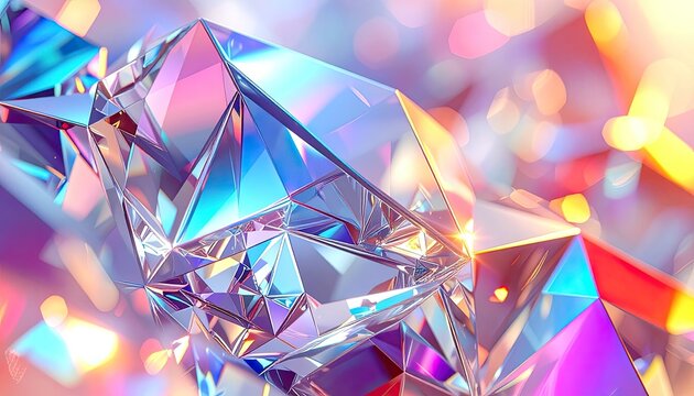 A faceted, iridescent crystal refracting colorful light with sparkling bokeh