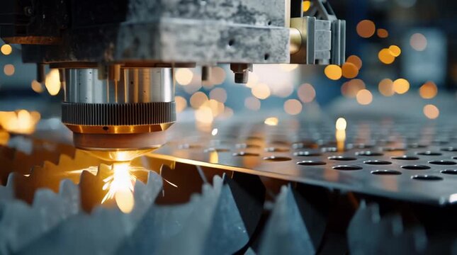 Watch as a laser cutter performs precise cuts on metal sheets in a manufacturing facility, highlighting the efficiency and accuracy of modern technology during evening hours