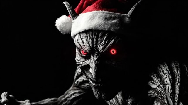 Grinning demon monster with red glowing eyes wearing a Santa hat creeping from darkness, a creepy festive concept