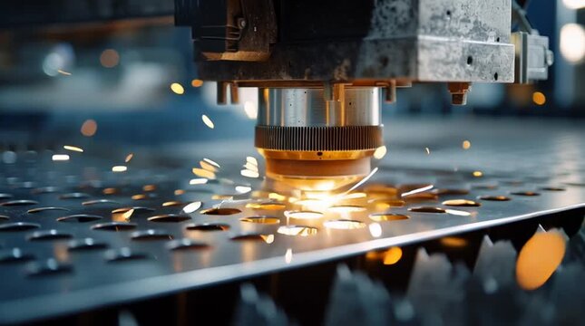 Watch as a laser cutter performs precise cuts on metal sheets in a manufacturing facility, highlighting the efficiency and accuracy of modern technology during evening hours