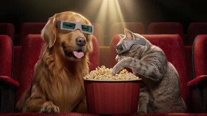Dog and cat watching, Furry friends enjoying movie night together