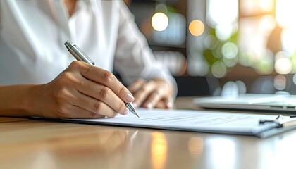 A person in a white shirt signing a document on a clipboard at a wooden desk