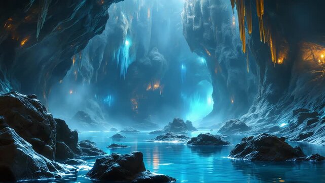 Underground grotto featuring luminous pools and hanging formations