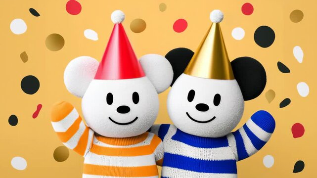 Two cheerful cartoon bears in festive party hats, one with red and the other with gold, are joyfully posing together against a vibrant background filled with colorful confetti, showcasing a playful ce