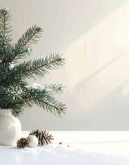 Festive winter still life with a pine branch in a vase, cones, and snow