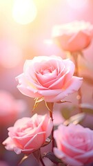 Soft pink roses blooming in a sunlit garden with a dreamy bokeh background