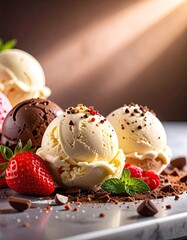 Assorted ice cream scoops with fresh fruit, chocolate shavings, and mint leaves