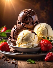Chocolate and vanilla ice cream scoops with fresh strawberries and syrup drizzle