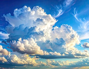 Majestic white cumulus and wispy cirrus clouds in a vibrant blue daytime sky