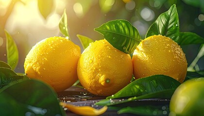 Three fresh, dewy lemons with green leaves bask in warm, golden morning sunlight.