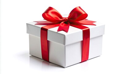 Obraz premium A white gift box tied with a vibrant red satin ribbon bow on a white background
