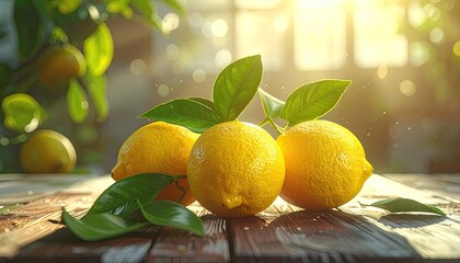 Ripe lemons with fresh leaves on a wooden table, bathed in warm, golden sunlight