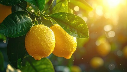 Two dewy yellow lemons hanging on a branch with green leaves in bright sunlight
