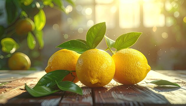 Ripe lemons with fresh leaves on a wooden table, bathed in warm, golden sunlight